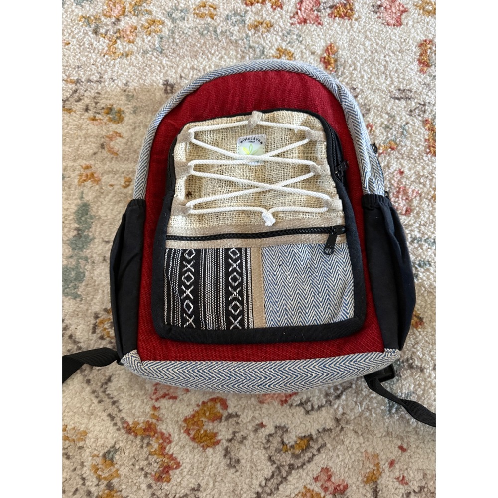 Himalayan Hemp Patchwork Backpack Red Blue Herringbone Boho Festival Bag Nepal